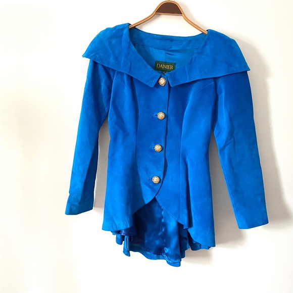 1980’s Danier Vintage Royal Blue Suede Leather Jacket Peplum Shoulder Pads - Picture 1 of 10